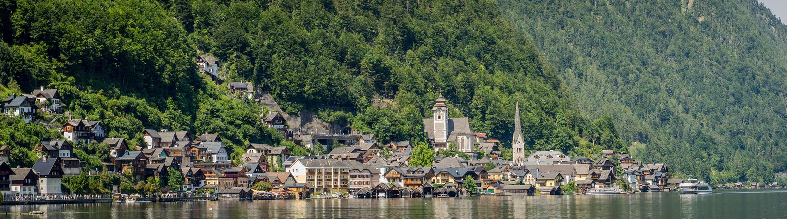 Hallstatt village and its church beside Lake Hallstatt