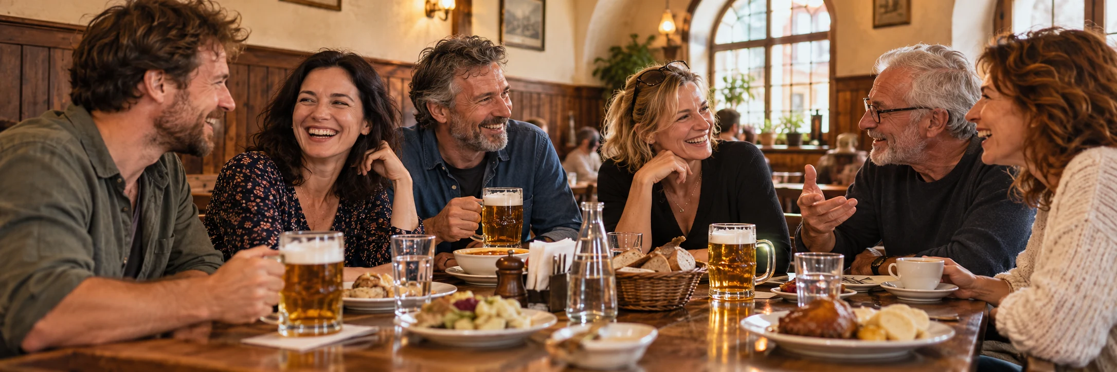 Illustration of friends laughing over lunch in a welcoming Czech-style pub