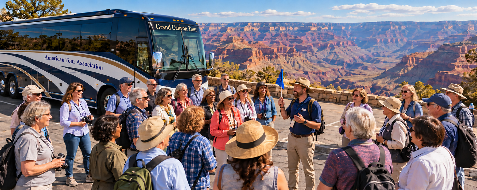 Tourists and a guide beside an American Tour Association motorcoach marked Grand Canyon Tour, overlooking the Grand Canyon.