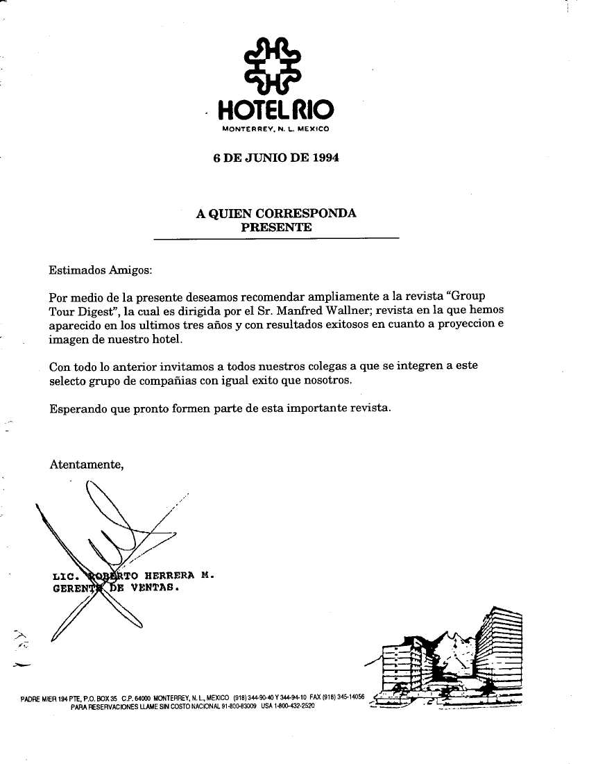 Scanned original letter from Hotel Rio