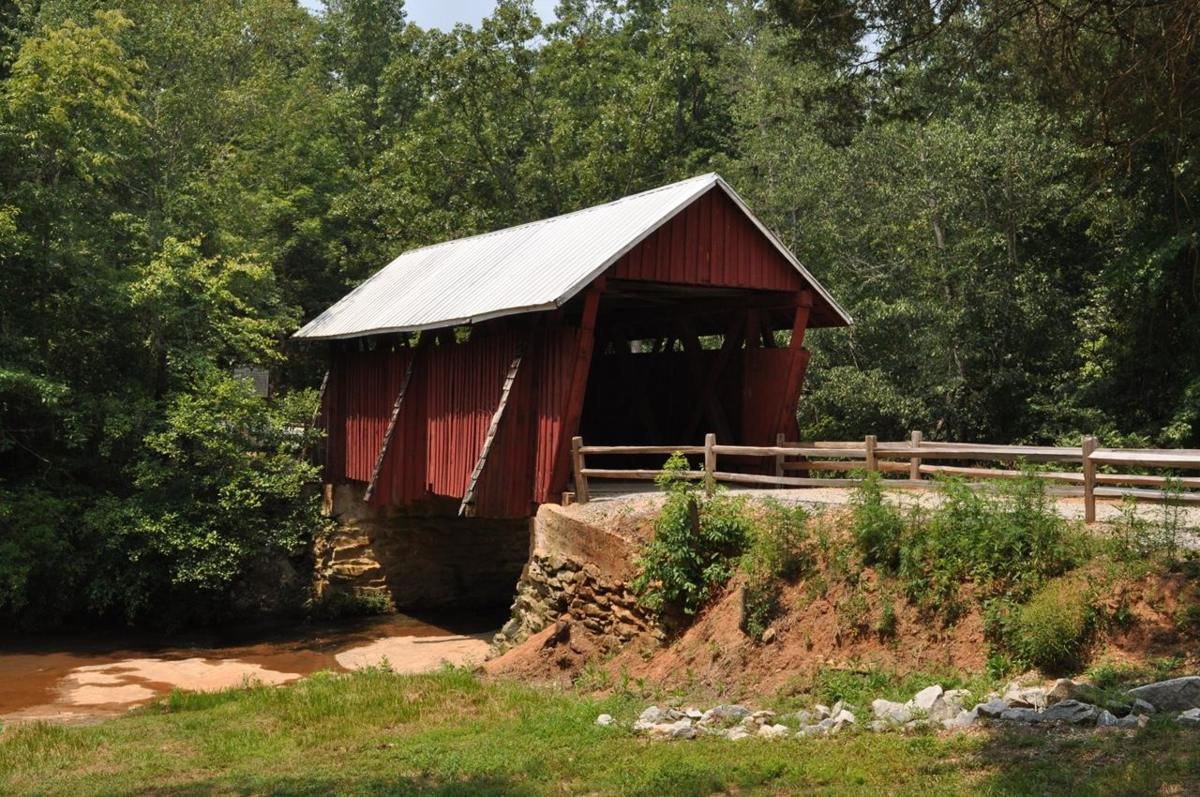 The Campbell Covered Bridge lies on the Cherokee Foothills Scenic Byway in South Carolina.