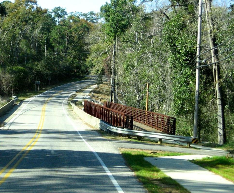 The multi-use Eastern Shore Trail, paralleling the Coastal Connection along the Scenic Highway 98 section, is lined by green trees and is covered in sunlight.