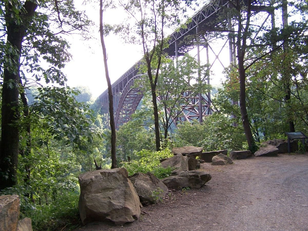 A pull-off on Fayette Station Road showcases the New River Gorge Bridge through the leafy foliage of summer.