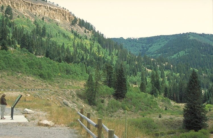 A visitor admires a beautiful landscape and creek while stopping to read about riparian communities on The Energy Loop: Huntington/Eccles Canyons Scenic Byway.