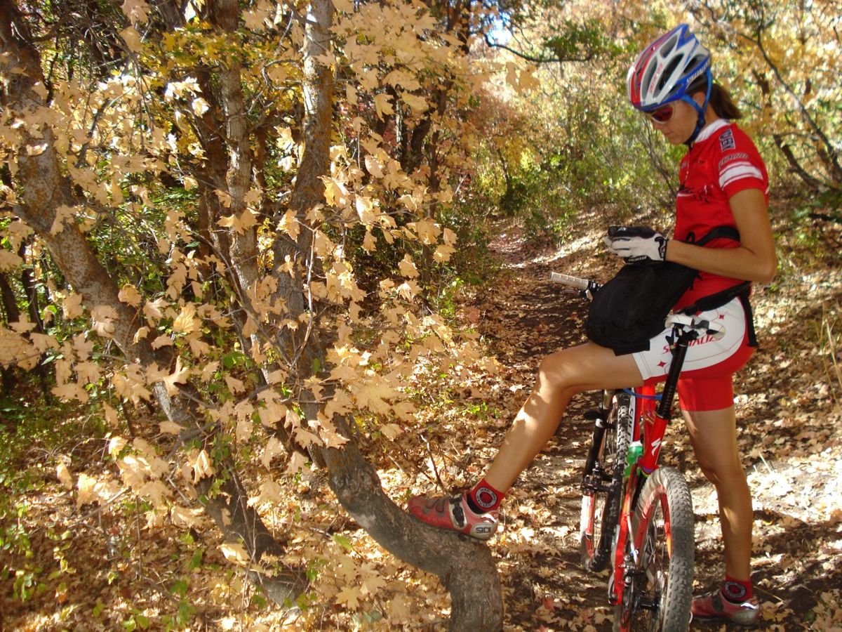 A mountain biker pauses during a ride along the Blackhawk Trail.