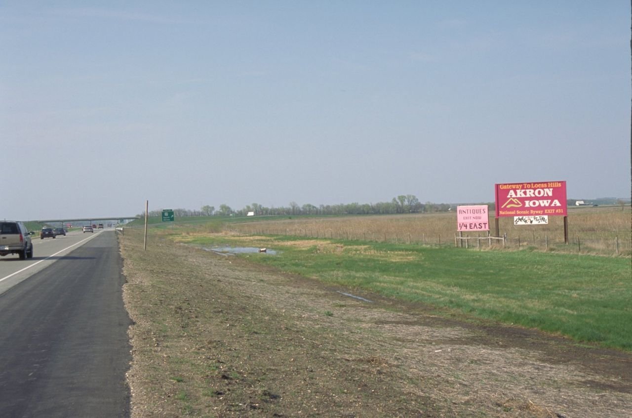 A roadside billboard welcomes folks to the Loess Hills Scenic Byway in Iowa, from Interstate 29.