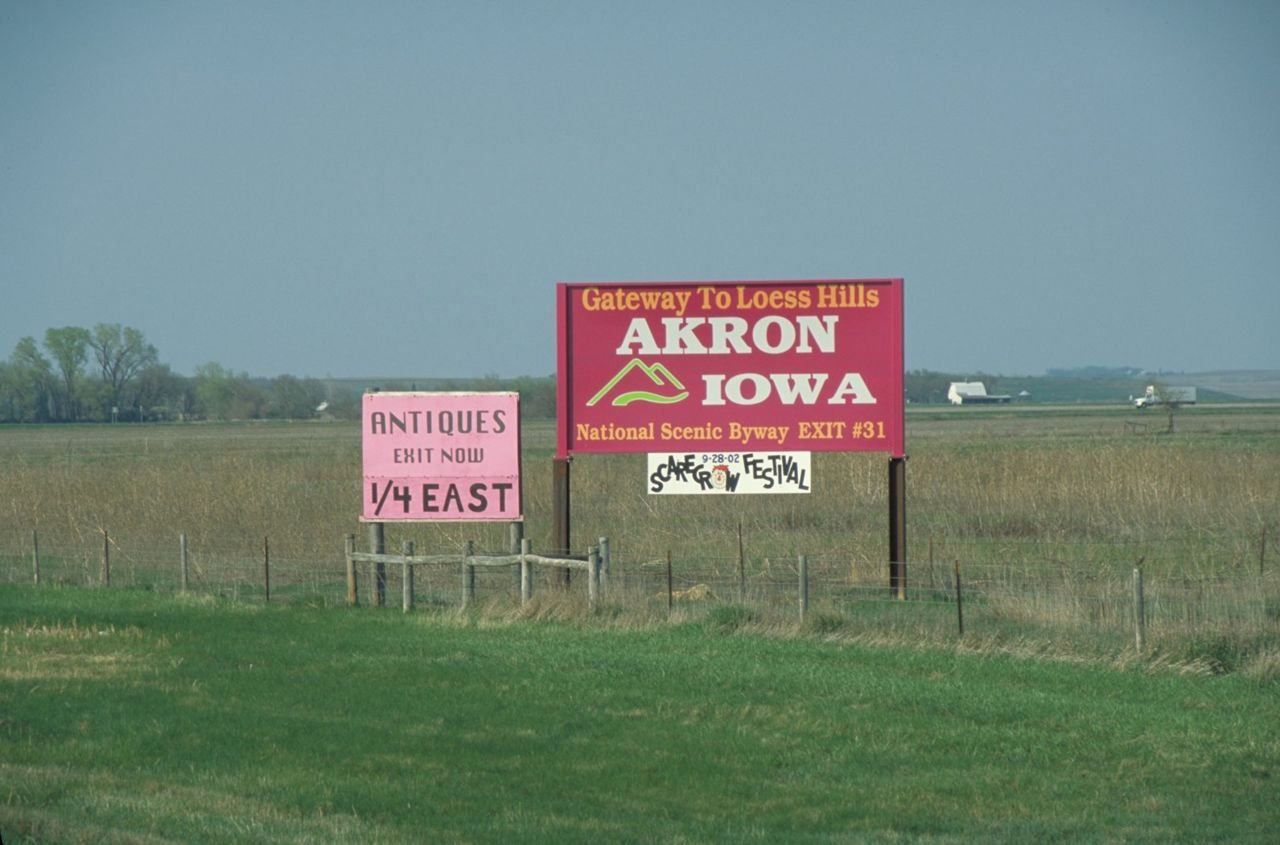 A billboard welcomes folks to the Loess Hills Scenic Byway in Iowa, from Interstate 29.