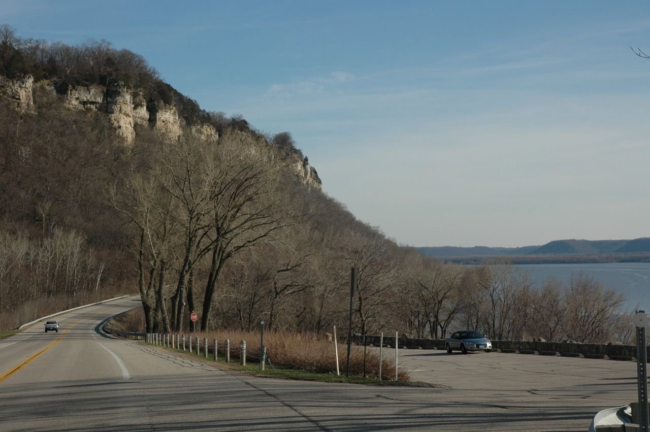 Craggy bluffs overlook the Great River Road in Wisconsin.