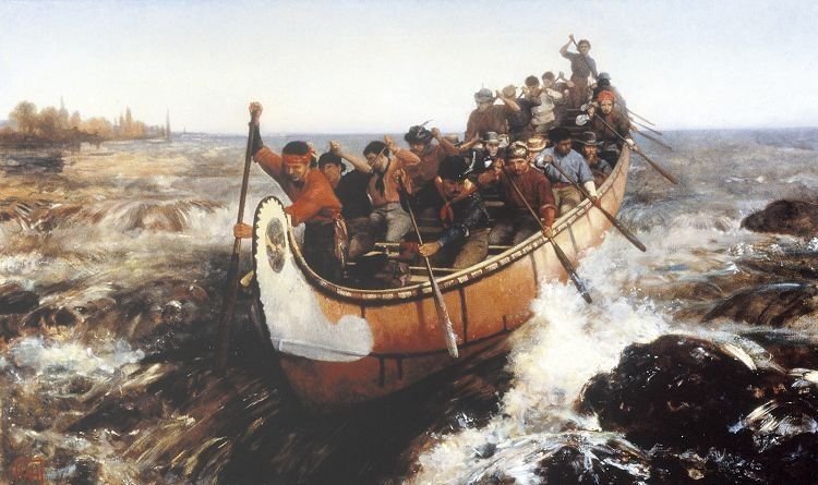 This painting by Frances Anne Hopkins (1838-1919) shows a large Montreal Canoe full of Voyageurs shooting some whitewater rapids.