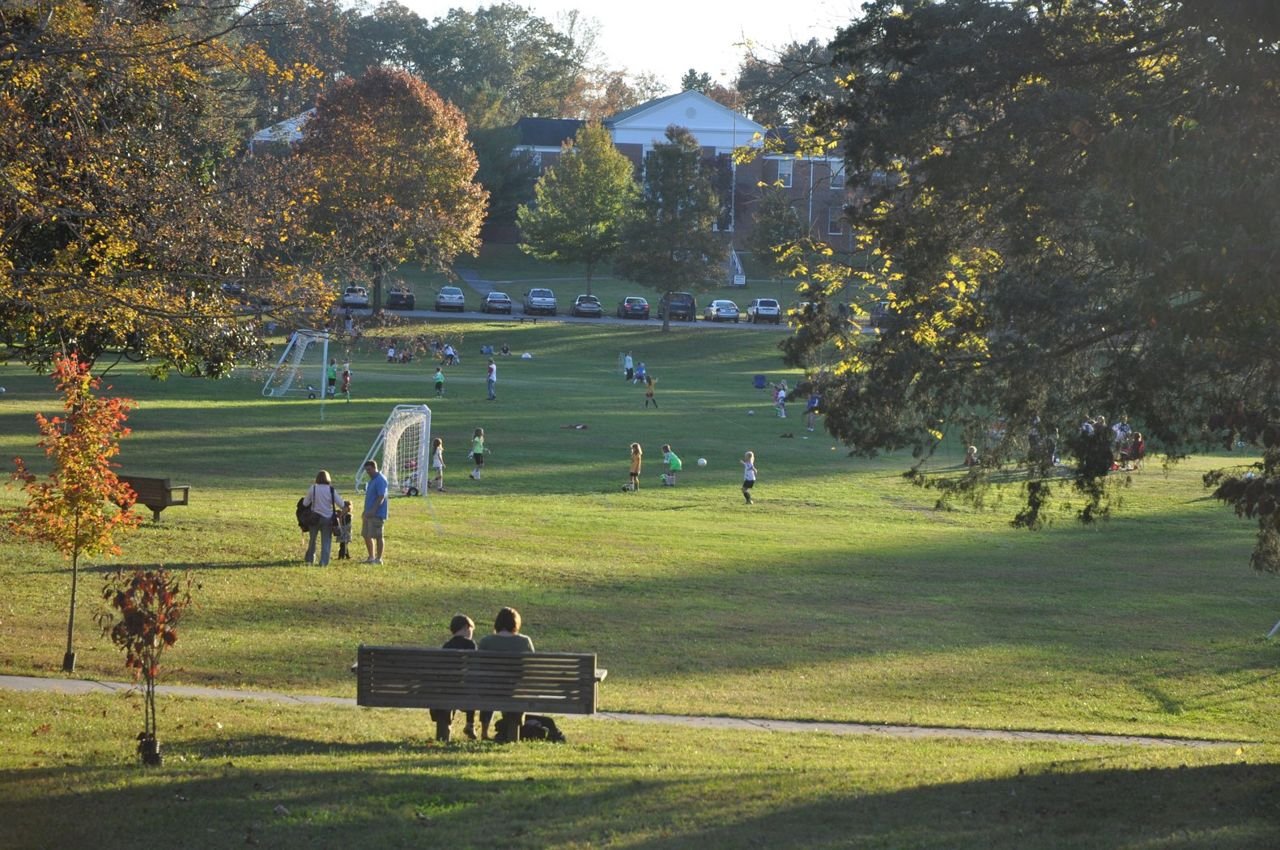 This broad park space is the centerpiece of the town of Norris. In this scene there are dozens of kids playing soccer and adults sitting on the hillside overlooking the action on the field. A variety of trees surround the open space, and have led to the recognition of the Commons as a Tennessee arboretum.