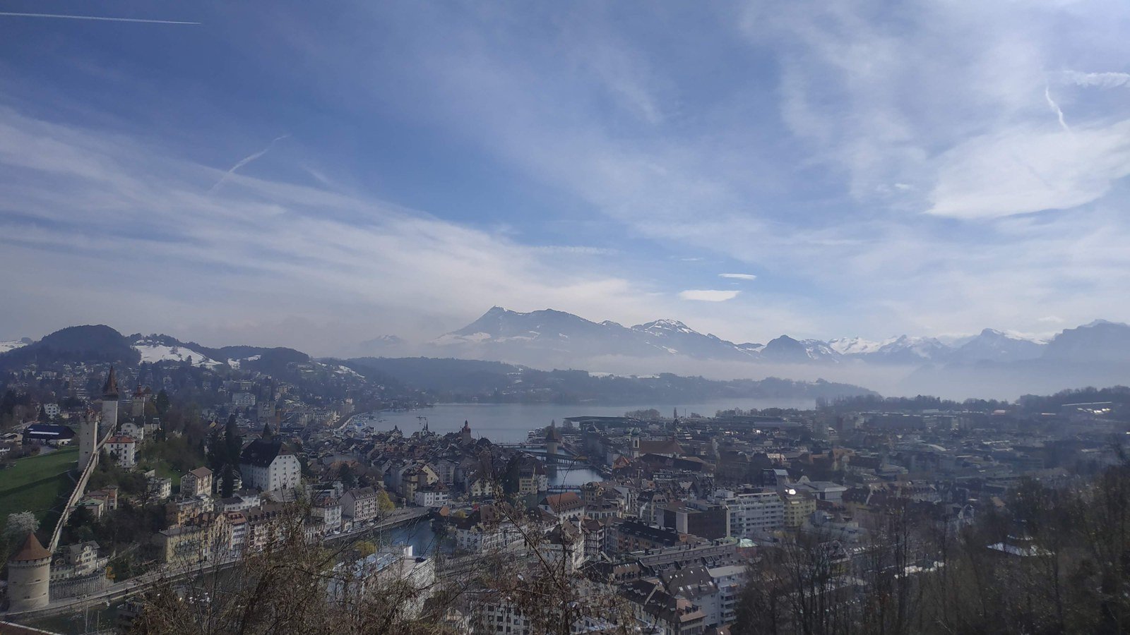 Lucerne, its lake and surrounding mountains seen from above the city
